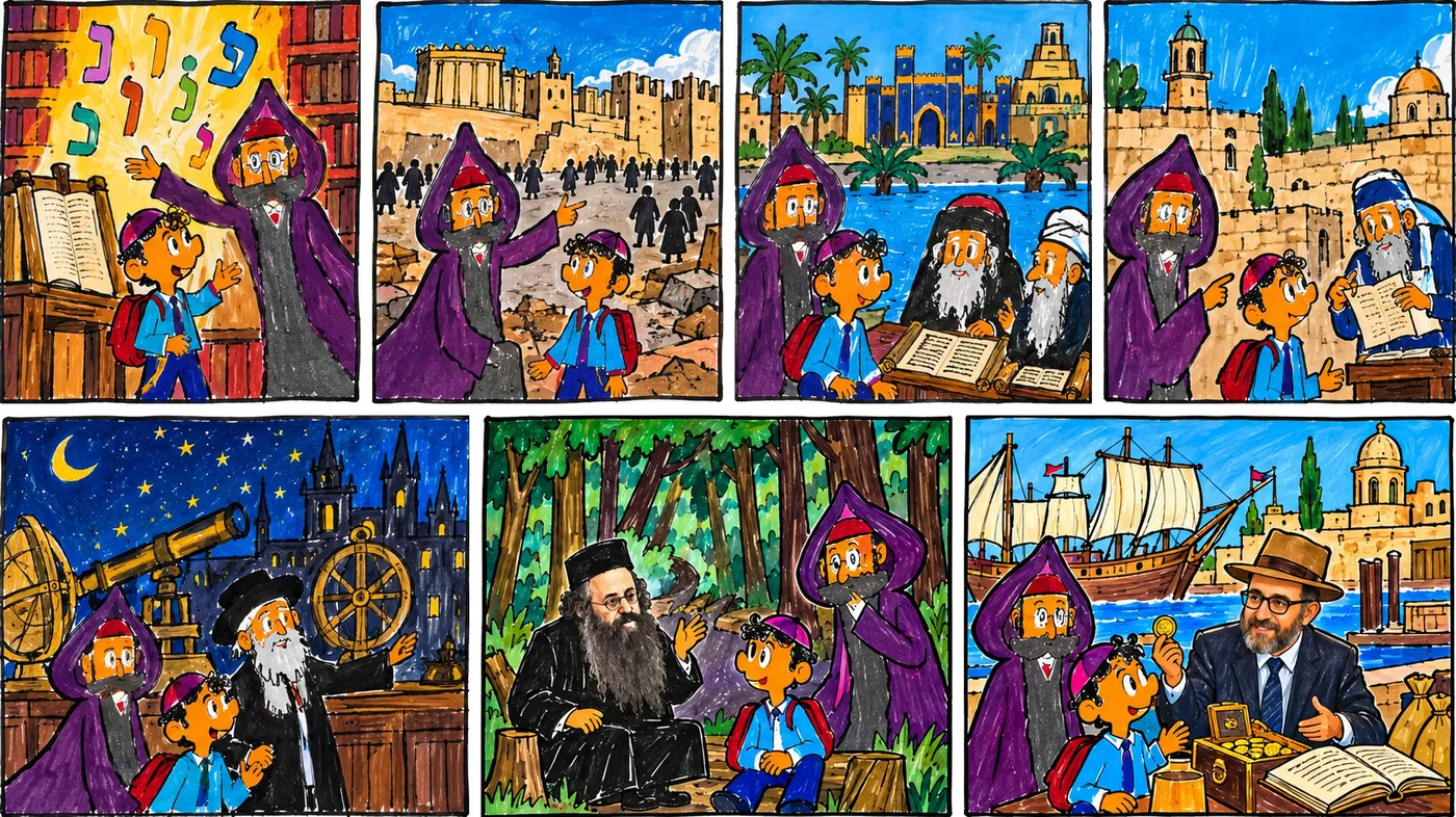 שאלתי והמגיד בתחנות המסע: האותיות המנגנות, יבנה, בבל, ירושלים, פראג, היער ותל אביב